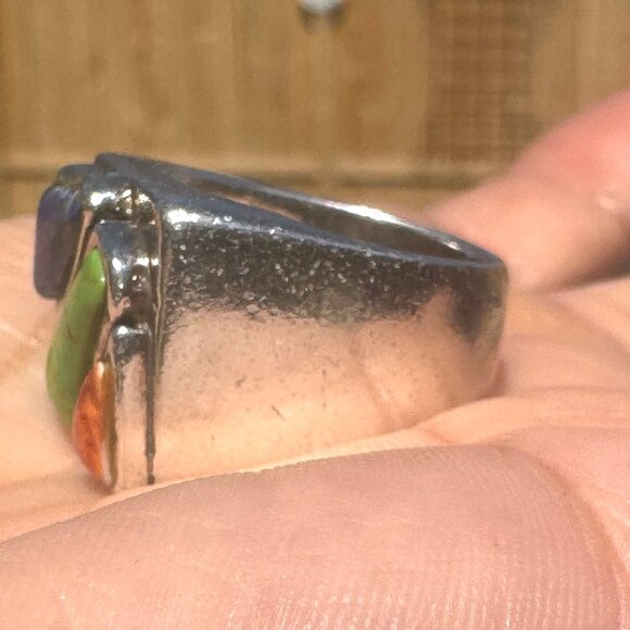 Native American Gaspeite Coral Lapis Sterling Silver Statement Ring Size 8 - Picture 9 of 9